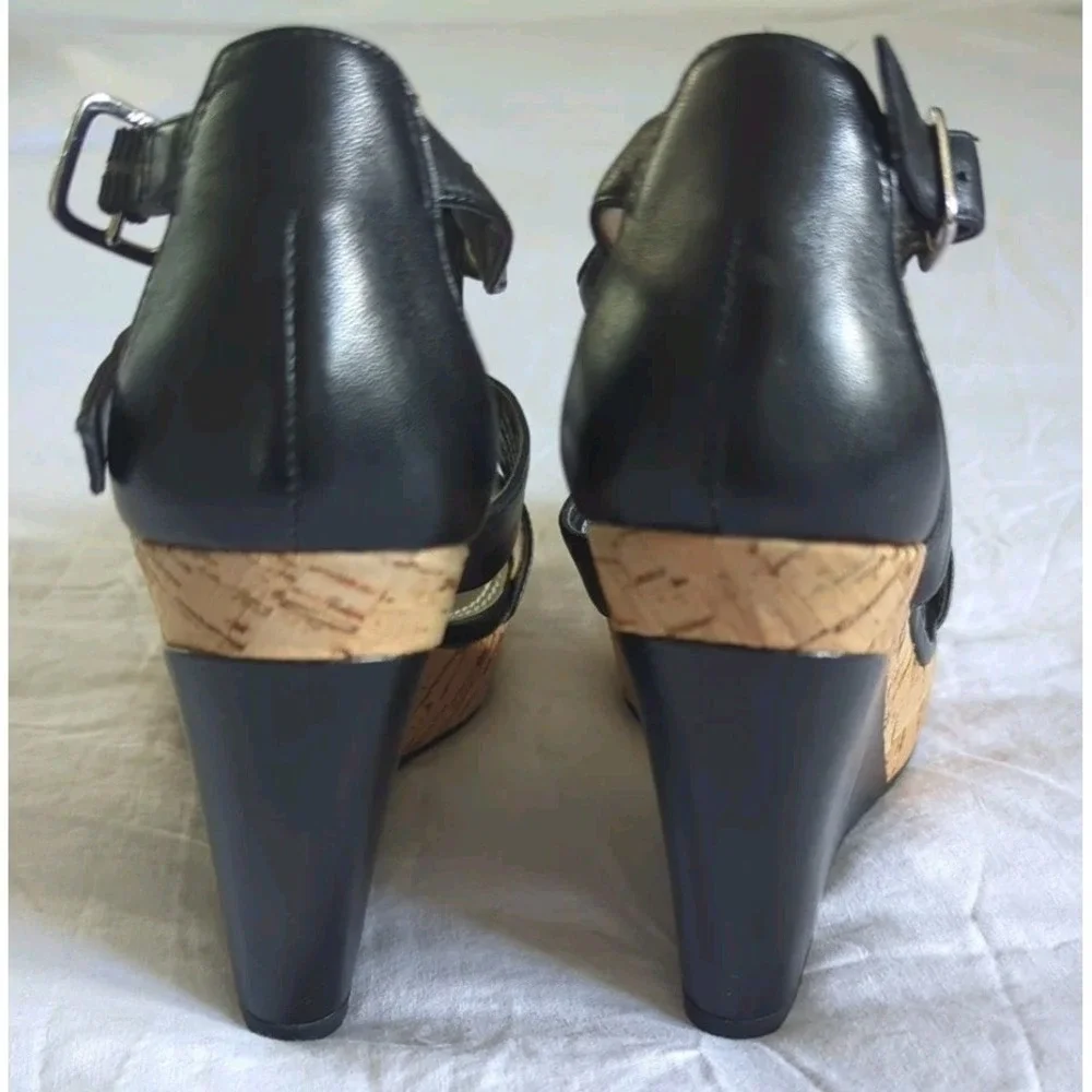 WHBM Wedge Sandals Black Leather Studded Strappy Sz 6M Edgy Goth Punk Going Out